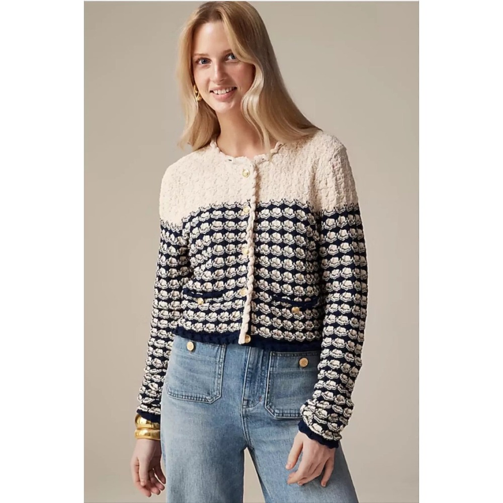 J.Crew | 2024 Textured Crochet Lady Jacket Sweater Medium Ivory Navy Knit BZ467